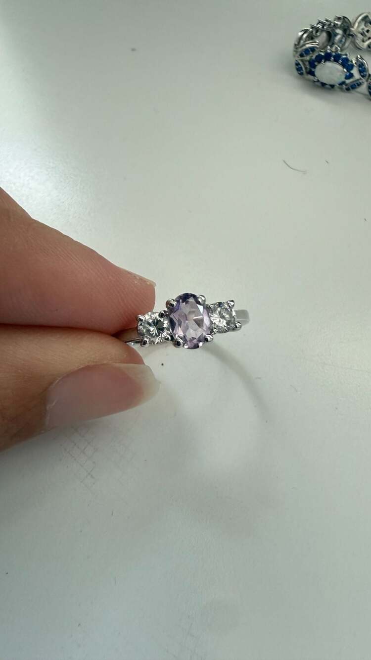 Three-Stone Oval Purple CZ and Cubic Zirconia Sterling Silver Ring